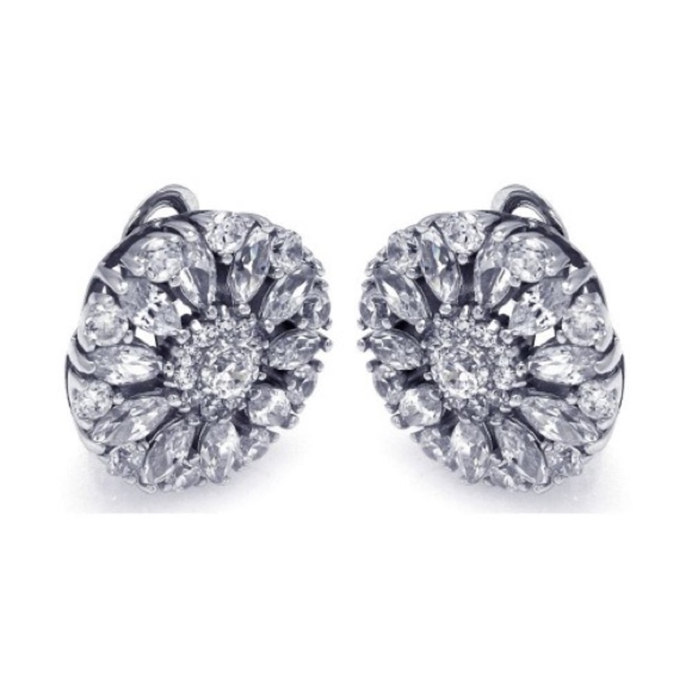 .925 Sterling Silver CZ Flower Clip Om Earrings